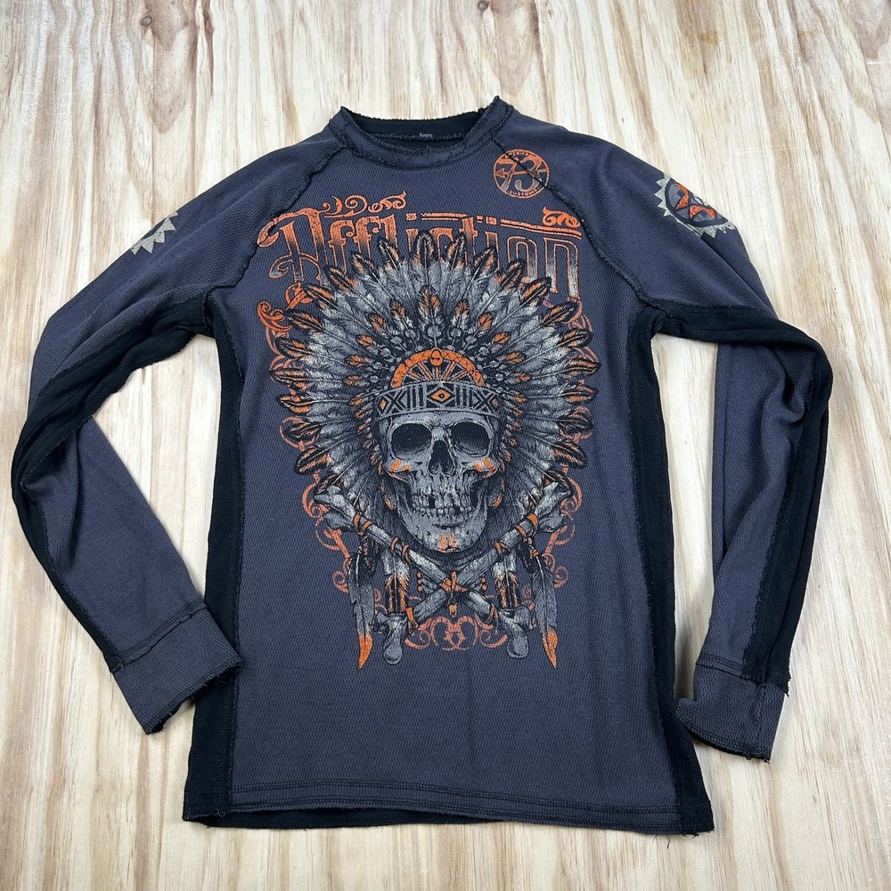 Vintage Affliction Men's Large Reversible Thermal Waffle Black Grunge Graphic - Picture 3 of 11
